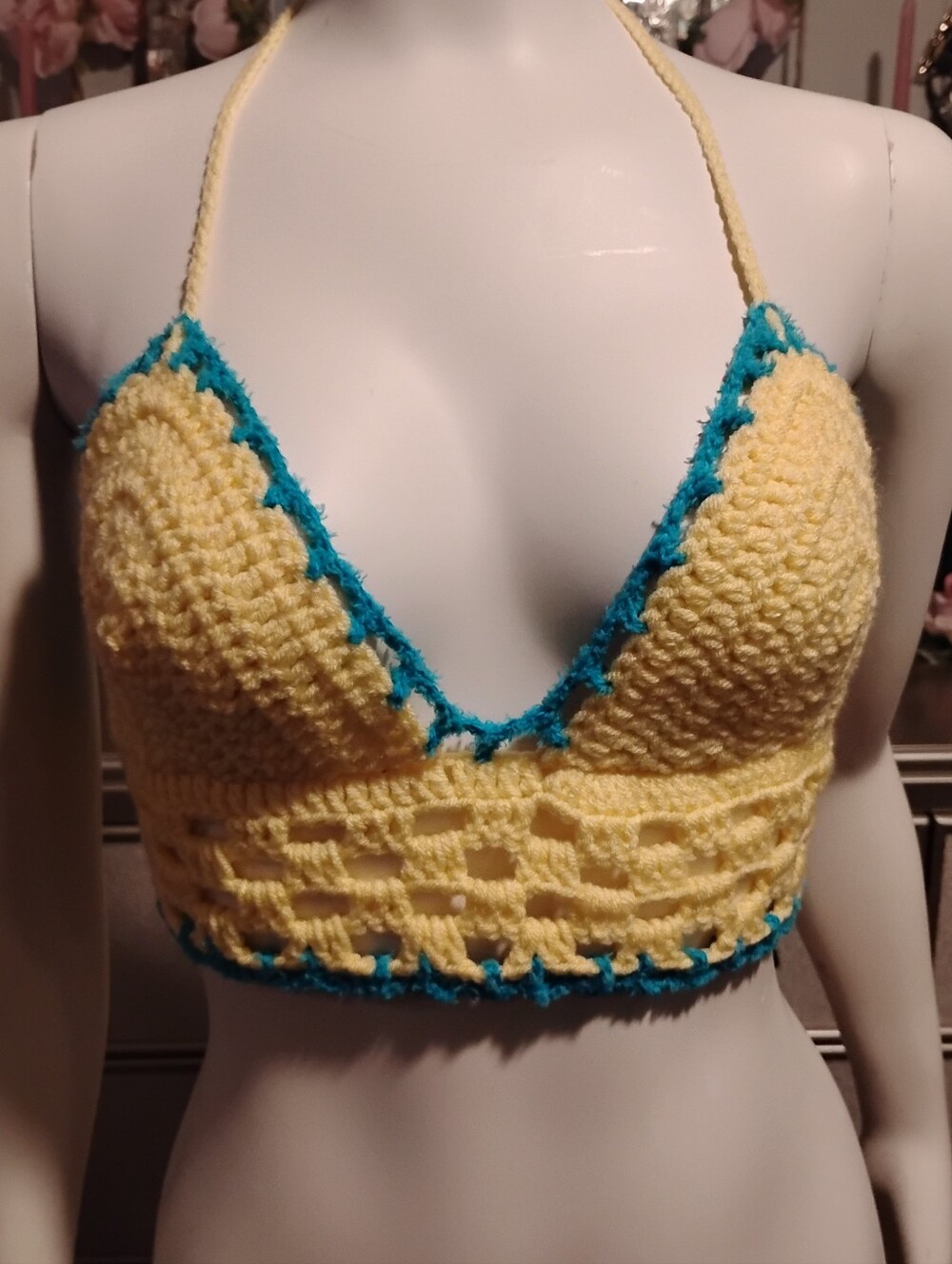Handmade Yellow Crochet Halter Bralette with Teal Trim